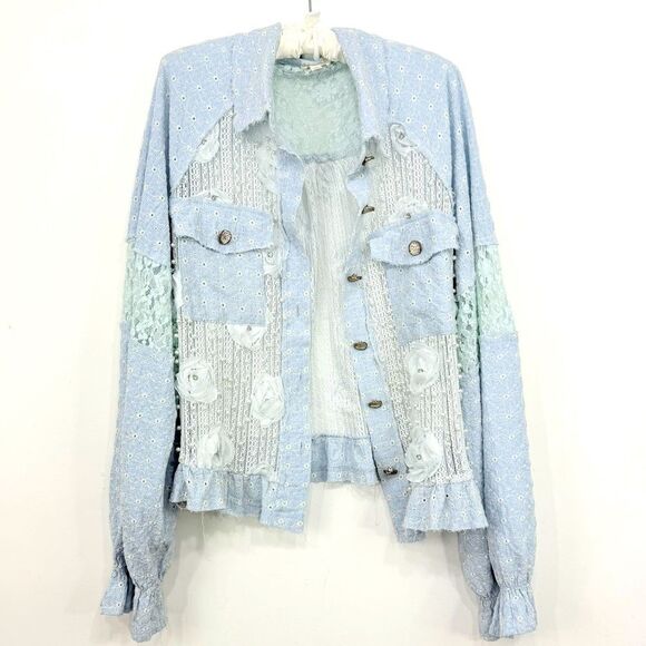 Pol Anthropologie LEAH Blue Eyelet Lace Pearl Flower Embellished Jacket - Picture 8 of 16